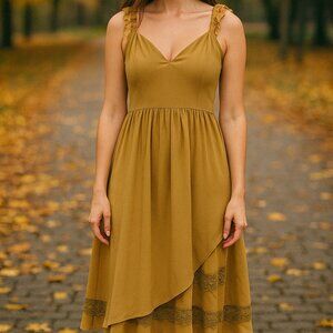 Golden Harvest Ruffle Midi Dress with Lace Trim & Ruched Detail–Perfect for Fall